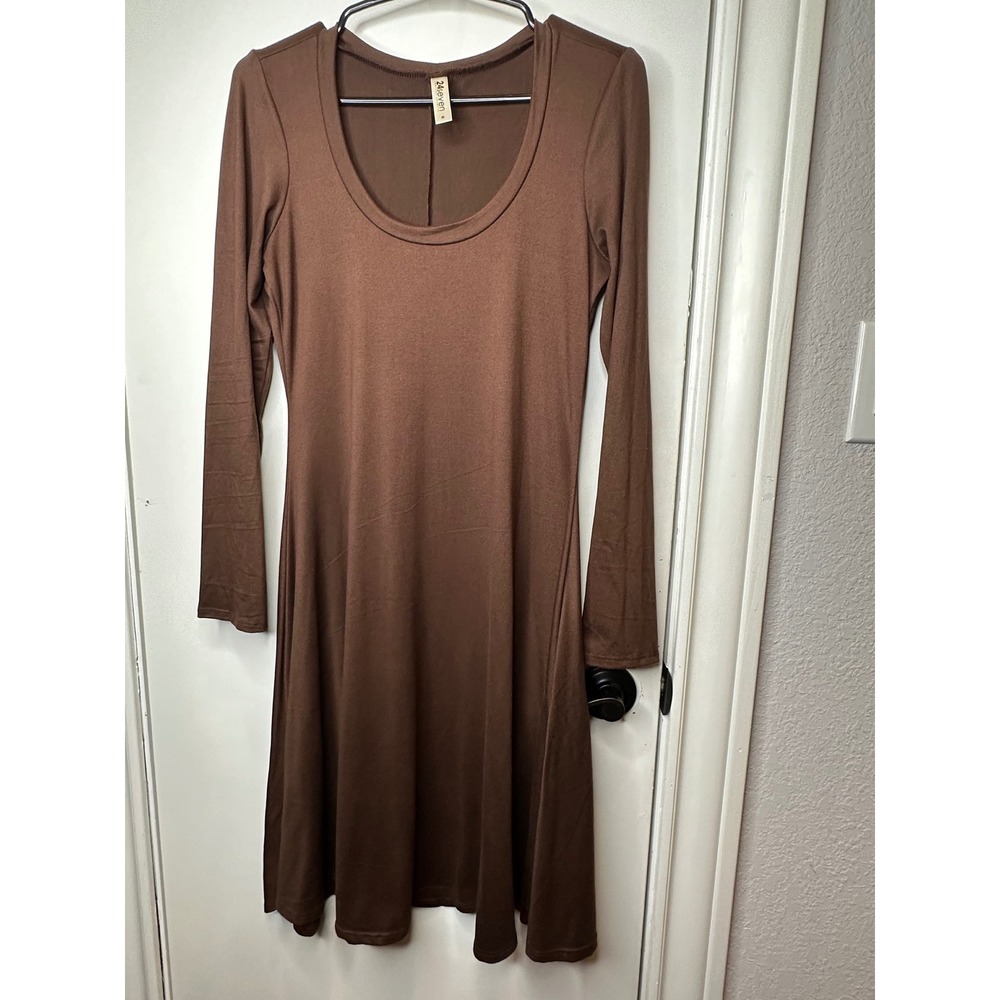 24seven Comfort Apparel Womens Brown Long Sleeve Scoop Neck Skater Dress Medium